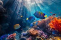 Colorful fish swimming in underwater coral reef landscape. Deep blue ocean with colorful fish and marine life