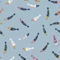 Colorful fishes on the blue background. Abstract vector seamless pattern in flat style. Cute sea fabric design