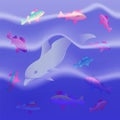 Colorful Fishes and Dolphin in Blue Waves Gently Shimmering from dark to light.