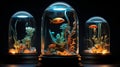 Colorful fishes floating in an aquarium jar on a dark background. Three Glass aquarium with fishes