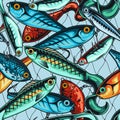 Colorful fishing baits seamless pattern