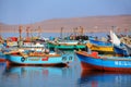 Colorful fishing boats anchored in Paracas Bay, Peru