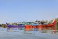 Colorful fishing boats moored Kochin Backwaters