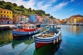 Colorful fishing boats in Portofino, Liguria, Italy, Mystic landscape of the harbor with colorful houses and the boats in Porto