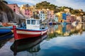 Colorful fishing boats in Riomaggiore, Cinque Terre, Italy, Mystic landscape of the harbor with colorful houses and the boats in Royalty Free Stock Photo