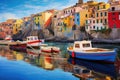 Colorful fishing boats in Riomaggiore, Cinque Terre, Italy, Mystic landscape of the harbor with colorful houses and the boats in Royalty Free Stock Photo