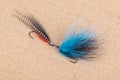 Colorful Fishing Fly on Burlap 9 Royalty Free Stock Photo