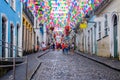 Colorful flag decorating the feast of Sao Joao in Pelourinho, Historic Center of Salvador, Bahia.