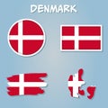 Colorful flag, map pointer and map of Denmark in the colors of the danish flag