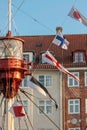 Colorful flags on old sailing boat