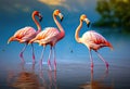 Colorful flamingo family in a bluish lake mountain