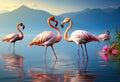 Colorful flamingo family in a bluish lake mountain