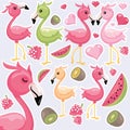 Colorful flamingo fruity set vector artwork