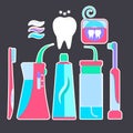 Colorful flat blue and pink tooth hygiene symbols stickers