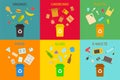 Colorful flat collection of six waste bins with different types of garbage. Vector design