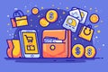 Colorful Flat Design Illustration of E-commerce Mobile App with Shopping and Money Icons Royalty Free Stock Photo