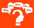 Colorful flat design speech paper and question bubbles with text why, where, who, when, how, what.