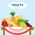 Colorful flat fruit concept with organic fresh ripe products laying on table