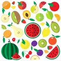 Colorful flat fruits and berries icons set.