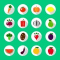Colorful flat fruits and vegetables icons set. Template for cooking, restaurant menu and vegetarian food vector Royalty Free Stock Photo