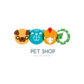 Colorful flat icons of dog head, cat muzzle, bird and snake.