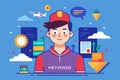 A colorful flat illustration depicts a character in a metaverso setting, surrounded by digital elements and icons, Metaverso Royalty Free Stock Photo