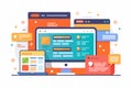 Colorful flat illustration showcasing customizable code snippets on multiple computer screens, highlighting programming elements Royalty Free Stock Photo