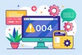 A colorful flat illustration shows a computer displaying an error message with gears, chat bubbles, and more, 404 error, software Royalty Free Stock Photo