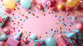 Colorful Flat Lay Birthday Party Banner with Streamers, Balloons, Presents, Party Hats, Confetti, Candies and Ample Space Royalty Free Stock Photo