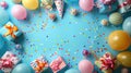 Colorful Flat Lay Birthday Party Banner with Streamers, Balloons, Presents, Party Hats, Confetti, Candies and Ample Space Royalty Free Stock Photo