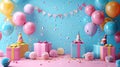 Colorful Flat Lay Birthday Party Banner with Streamers, Balloons, Presents, Party Hats, Confetti, Candies and Ample Space Royalty Free Stock Photo