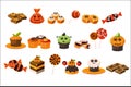 Colorful flat vector set of various Halloween sweets. Lollipops, delicious cupcakes and chocolate. Tasty desserts. Trick