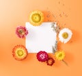 Colorful flatlay art composition made with summer blooming flowers. Orange background for a floreal concept with note space