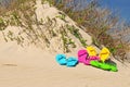 Colorful Flip Flop sandals on a beach Royalty Free Stock Photo