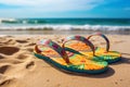 colorful flip flops lying on a sandy beach with ocean waves in the background. Generative AI Royalty Free Stock Photo