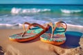 colorful flip flops lying on a sandy beach with ocean waves in the background. Generative AI Royalty Free Stock Photo