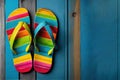 Colorful flip flops over blue wooden background with copy space. Royalty Free Stock Photo