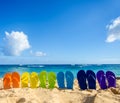 Colorful flip flops on the sandy beach Royalty Free Stock Photo