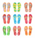 Colorful flip flops set Illustration in watercolor style