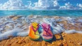 summer beach accessories, colorful flip flops and sunglasses on sandy beach create a playful summer clipart design Royalty Free Stock Photo