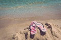 Colorful flipflop pair on sea beach. Concept of vacantion. Royalty Free Stock Photo