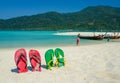 Colorful flipflop sandals on beach Royalty Free Stock Photo