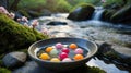 Floating Colorful Dango in a Serene Mountain Stream Setting with Moss and Cherry Blossoms Royalty Free Stock Photo