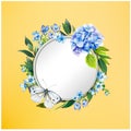 Colorful floral background with beautiful flowers. Blue hydrangea, butterfly and leaves.