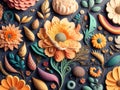 Colorful floral background with paper cut flowers and leaves. 3d illustration