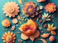 Colorful floral background with paper cut flowers and leaves. 3d illustration