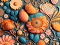 Colorful floral background with paper cut flowers and leaves. 3d illustration