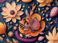 Colorful floral background with paper cut flowers and leaves. 3d illustration