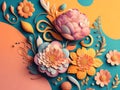 Colorful floral background with paper cut flowers and leaves. 3d illustration