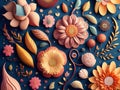 Colorful floral background with paper cut flowers and leaves. 3d illustration